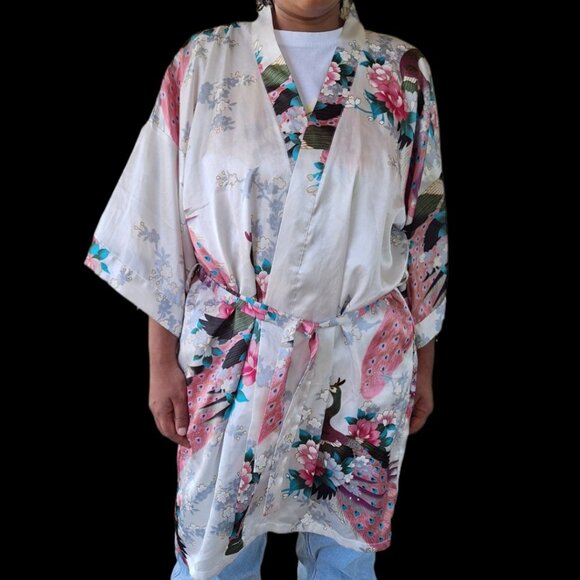 Oriental Village Silk Collection Belted Peacock & Floral Teal Pink Kimono - Picture 1 of 7